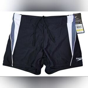 Black Swim Shorts with White and Gray Stripes